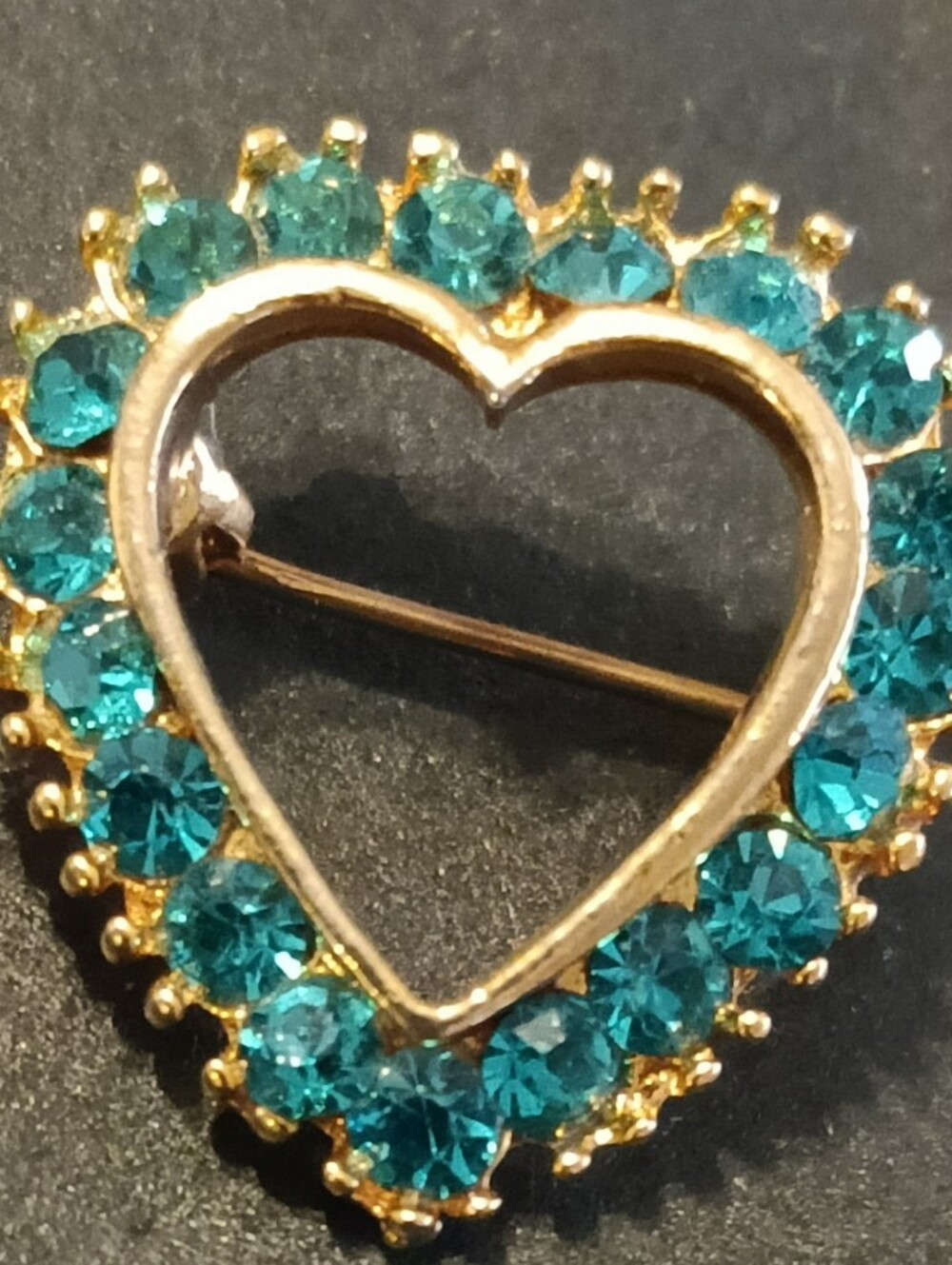 Gold Heart Pin with Teal Crystals